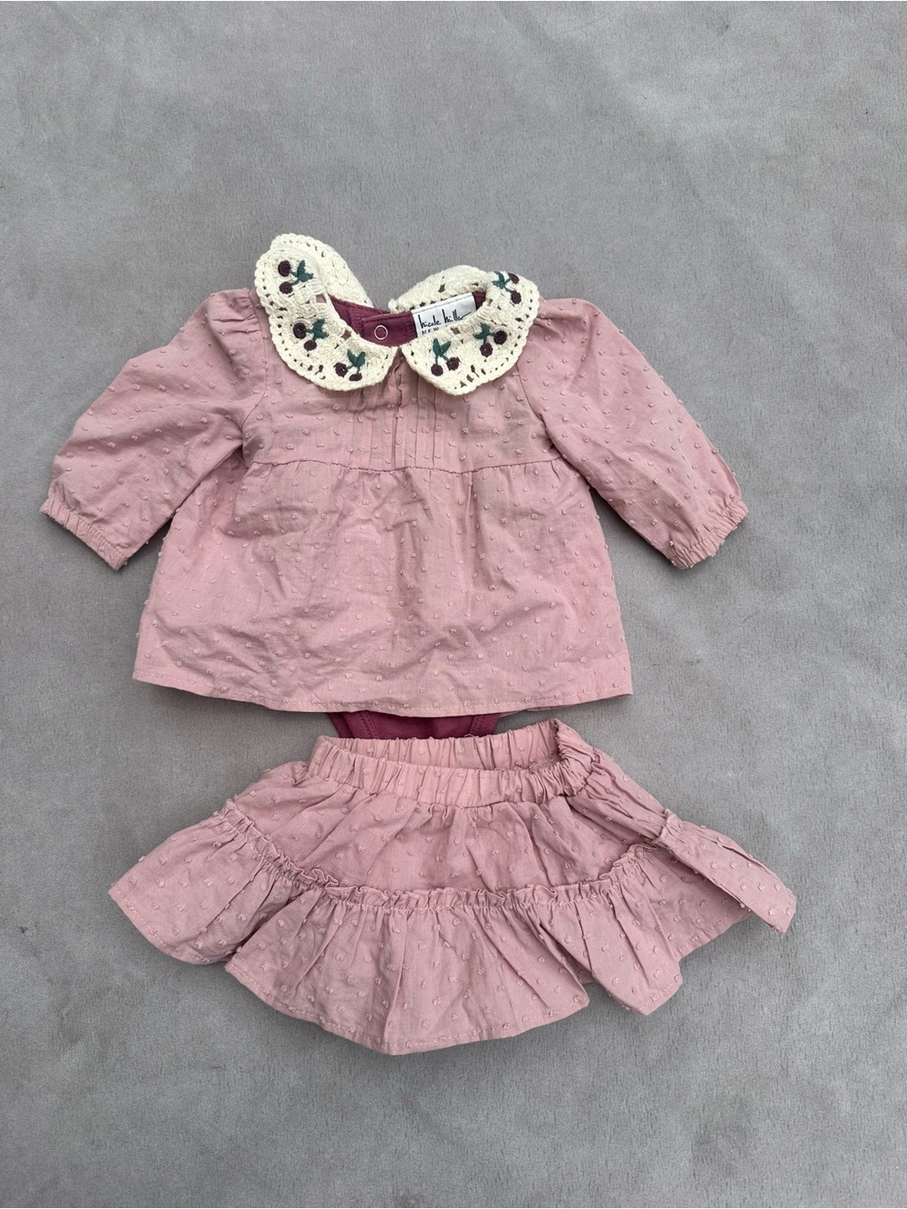 Nicole Miller Pink Two-Piece Eyelet Top and Skirt Set with Embroidered Collar